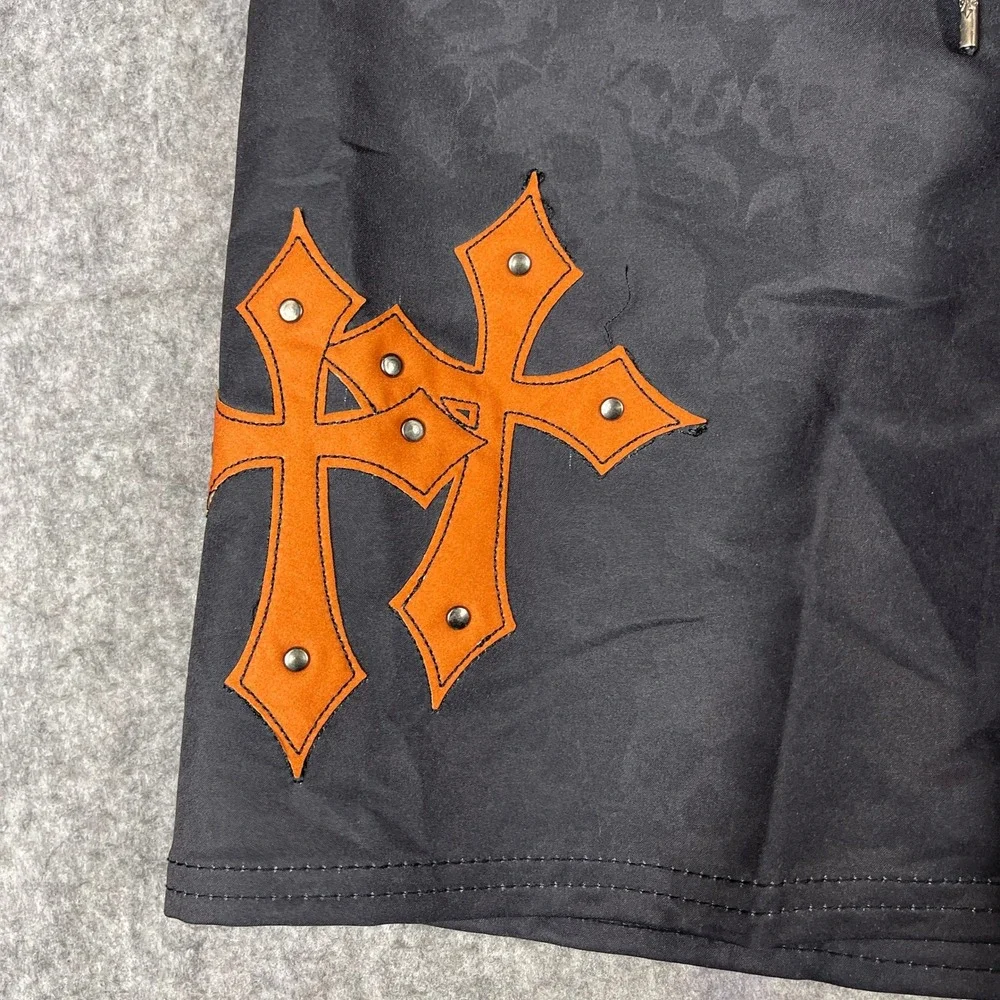 Affliction Mens 38 Board Shorts Black Orange Grim Reaper Gothic Cross Studded